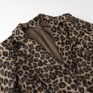 Detail shot of leopard print blazer showing high-quality wool texture and lapel design
