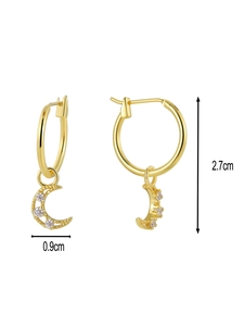 Detailed size view of gold moon earrings with zircon stones and dimensions 2.7cm and 0.9cm