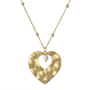 14K gold plated stainless steel necklace with textured heart pendant and pearl detail