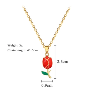 Detail view of gold tulip pendant necklace with dimensions and weight specifications