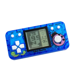 Blue transparent Tetris handheld game console with caterpillar cartoon and white buttons