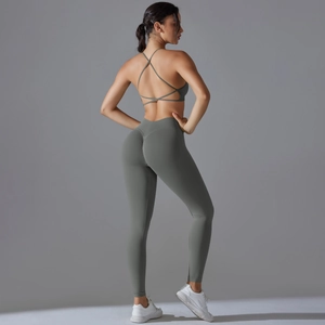 Detail of seamless yoga set featuring a V-shaped back sports bra and high waist leggings