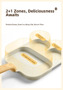Three-hole non-stick pan with two round egg zones and one rectangular steak section