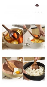 Detailed views of teak wood utensils set including ladle, slotted spoon and spatulas