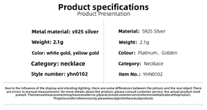 Specifications for S925 silver emerald necklace weighing 2.1g in platinum and gold