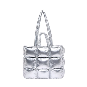 Silver quilted puffer tote bag with large square stitching and dual handle straps