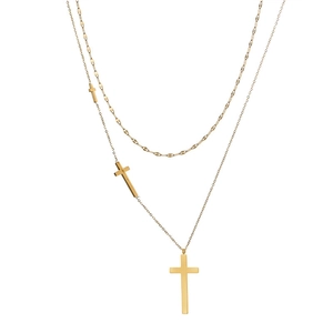 Minimalist double layer stainless steel cross necklace for women in gold finish