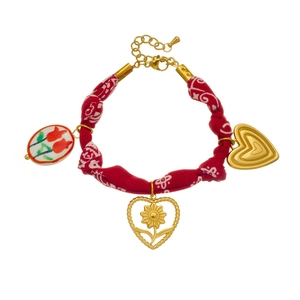 French vintage red floral cord bracelet with gold heart and tulip ceramic charms