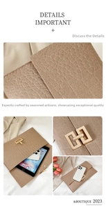 Detail of brown crocodile pattern felt clutch bag with rectangular metal clasp closure