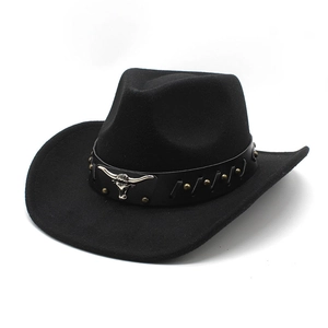 Western Cowboy Hat Wool Felt Wide Brim Vintage Bull Head Metal Logo Leather Band Fedora Jazz Hat For Men Women