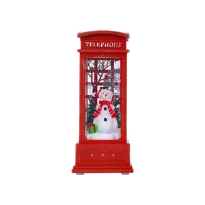 Red Christmas telephone booth lamp with snowman and snowy tree festive table decoration