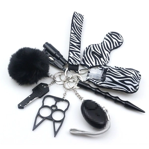 Detail of multi-functional keychain kit including zebra print wristlet and black accessories