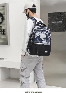 Side view of camouflage backpack with reflective zipper and spacious compartments