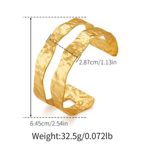 Detail view of 18K gold plated cuff bracelet with dimension and weight specifications