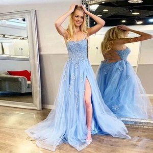 Light blue lace tulle formal evening gown with V-neck, high slit and lace-up open back