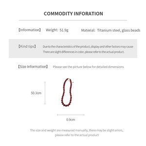 Specifications of red beaded titanium steel necklace with weight and size details