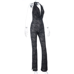 Detailed view of the black lace halter jumpsuit featuring backless design and slim fit cut