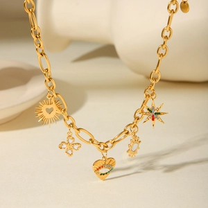 Stainless Steel Multi Pendant Necklace Evil Eye Heart Star Sun Clover Zircon Y2K Style Jewelry For Women