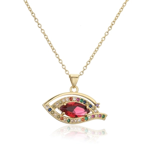 Detail of evil eye pendant with red marquise center stone and multicolor zircon pavé