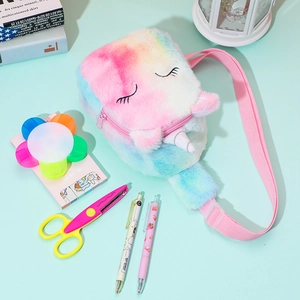 Rainbow gradient plush unicorn chest bag for girls with soft faux fur and zipper