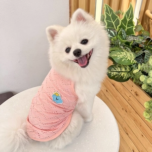 Pink breathable mesh dog vest featuring blue cloud embroidery and wavy knit texture