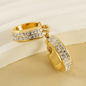 18K gold-plated stainless steel hoop earrings with double-row crystals for women