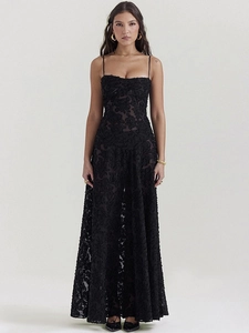 Elegant black lace evening gown with floral patterns and spaghetti straps for formal events