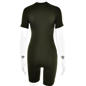 Rear view of dark green athletic bodycon romper with stretch fabric and round neck design