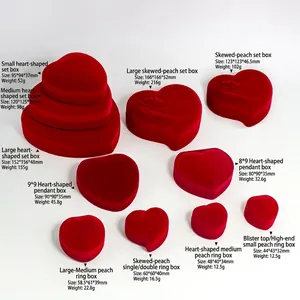 Red heart-shaped velvet jewelry box collection for rings pendants and necklace sets