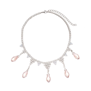 Silver luxury necklace with pink teardrop crystal pendants and sparkling zircon stones