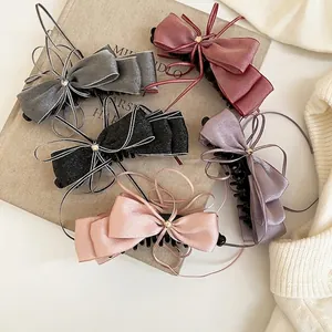 Elegant 5-piece zircon bow hair clip set in satin fabric for vintage style hair styling