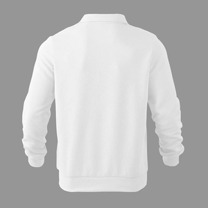 Detail of white men's quarter-zip sweatshirt featuring geometric diamond quilted texture