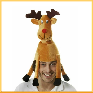 Plush Christmas reindeer hat with antlers and red nose for holiday party costume
