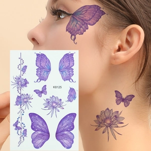 Purple butterfly waterproof temporary face tattoo stickers with floral design for parties