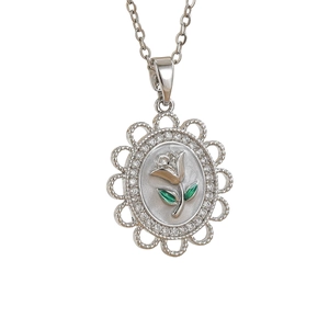 Silver oval necklace featuring a 3D rose pendant with green leaves and inlaid stones
