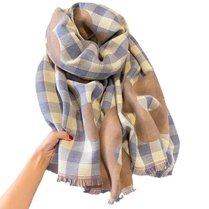 Thick warm cashmere-like plaid scarf with tassels in beige and blue held by hand