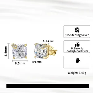 Detailed view of 925 sterling silver square stud earrings with dimensions of 8.5mm