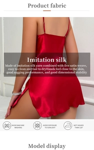 Detail view of red imitation silk satin nightgown fabric with smooth drape and texture