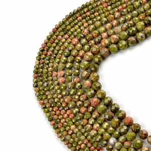 Faceted Unakite natural stone beads for jewelry making with green and reddish-brown spots
