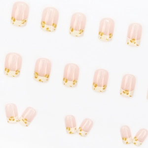 Square pearly pink press-on nails with almond shape and French leopard print tips