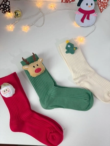 Three pairs of Christmas socks with 3D plush embroidery of Santa Claus, reindeer and tree