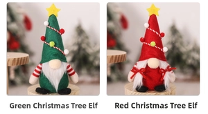 Detailed view of handmade Christmas gnomes with star-topped tree hats in red and green