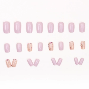 Pink press-on nail kit with glitter finish and glossy solid colors in short square shape