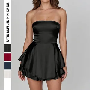 Vestito Mini In Satine Senza Spalline Schiena Scoperta Volant Linea A Festa Cocktail Stile Y2K Vita Alta Sexy