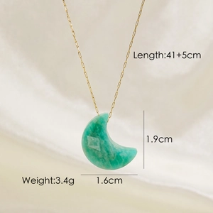Golden necklace with a green moon-shaped natural stone pendant and product dimensions