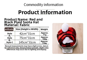 Size chart showing dimensions for red and black plaid plush extra long Santa hats