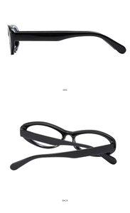 Detail view showing the side and back profiles of black oval anti-blue light glasses frames