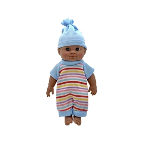 Detailed front view of a realistic black baby doll in blue striped romper and matching hat
