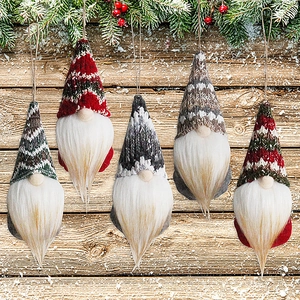 Set of 5 Christmas gnome hanging ornaments with knitted hats and white plush beards