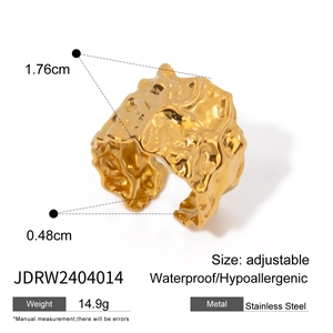 Gold stainless steel irregular textured wide ring with adjustable opening for women